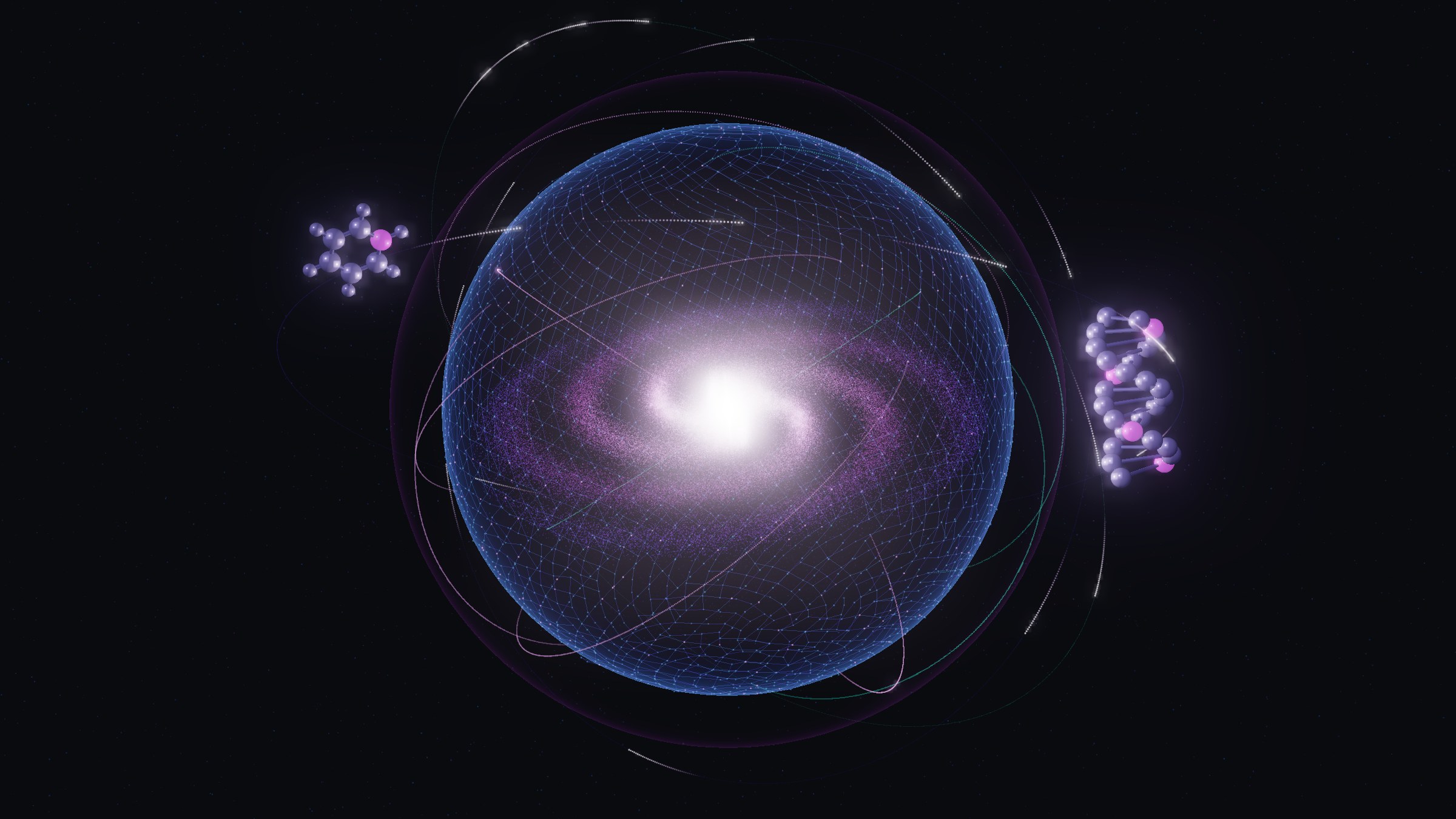 Realm rendered as a sphere of measured facts around a bright core, with molecules in orbit