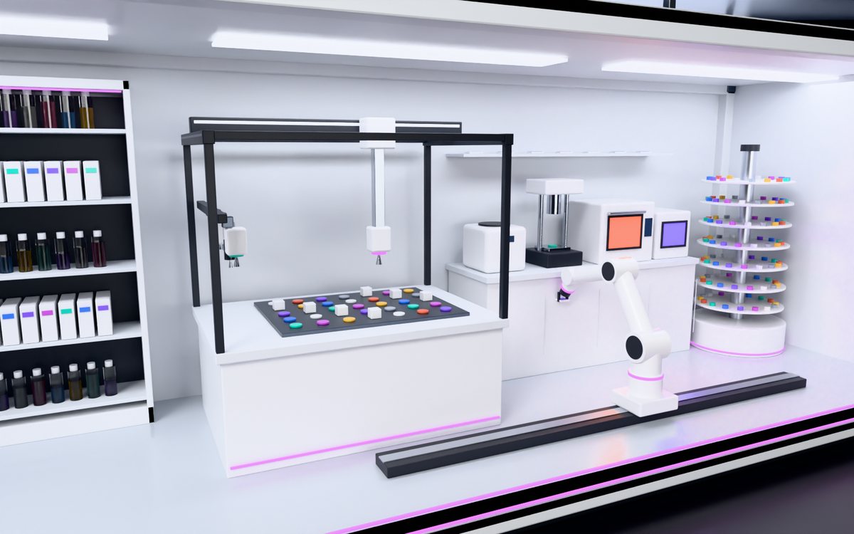Render of Robosynth General: a reagent wall, a print and dispense cell with parked tool heads, a mixer, a press, an oven and a sample carousel