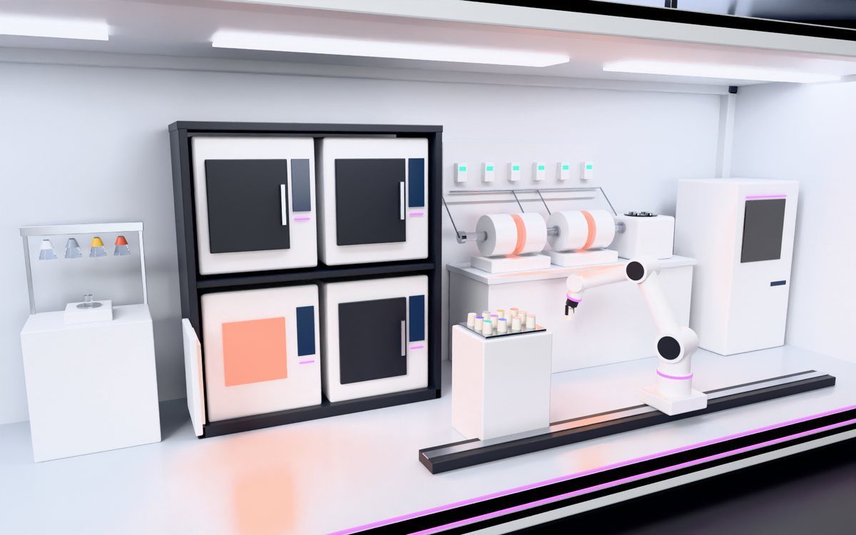 Render of Robosynth Materials: a bank of box furnaces with one open and glowing, tube furnaces on a gas manifold, powder dosing and an X-ray diffractometer